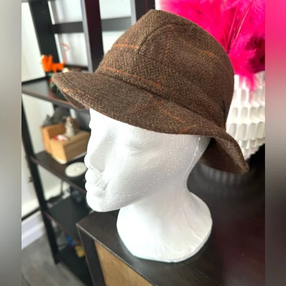Vintage Irish Brown Tweed Plaid Hat with Feather